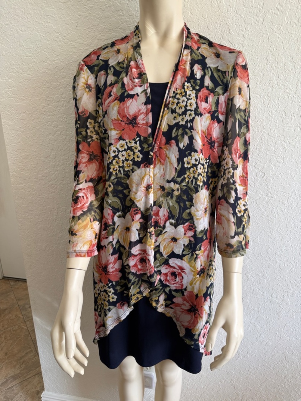 Sheer Floral Open Front Kimono Cardigan - Navy with Coral & Cream Flowers